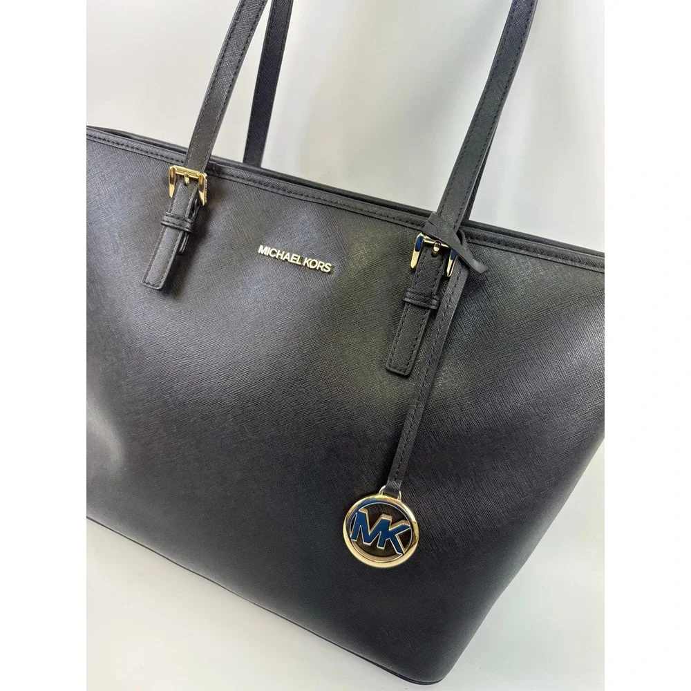 Michael Kors Jet Set Travel Tote Black Saffiano Leather Bag Large Zip 38F7GTVT3L